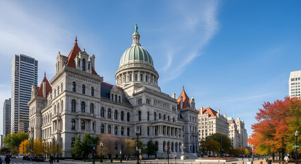 Fototapeta premium A wide-angle view of a majestic white stone building featuring a large dome and classical architecture