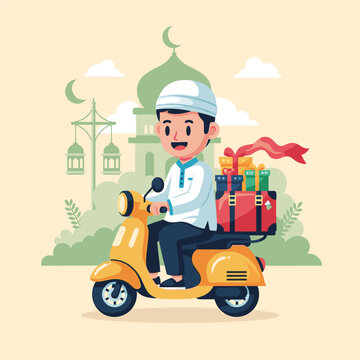Happy Muslim Boy Riding Scooter Carrying Gifts For Eid Celebration Mudik Tradition Vector