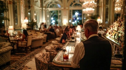 Obraz premium Bartender’s Back View at Fancy Hotel Bar