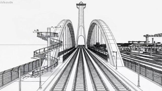 Wireframe perspective of a futuristic bridge with train tracks, architectural concept