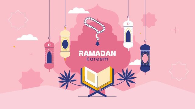 Ramadan Kareem Islamic Background with Mosque and Hanging Lanterns Elegant Gold Blue Design