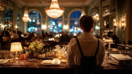 Obraz premium Bartender’s Back View at Fancy Hotel Bar