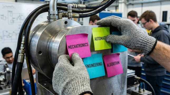 Close-up of students' gloved hands placing technical terms on a complex machine part during a practical mechatronics and automation engineering session