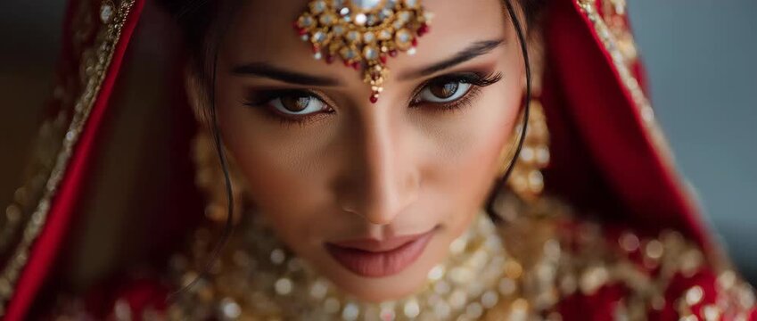 Beautiful indian bride adorned in traditional red and gold wedding attire