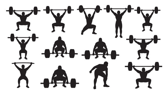 Weightlifting and Strength Training Icon Set &ndash; Black Silhouette Figures Performing Squats, Deadlifts, Presses, Cleans, Snatches, and Rows for Fitness and Gym Apps