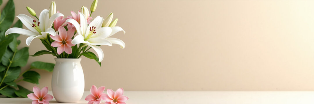 White lilies and pink alstroemeria flowers in a white ceramic vase. Elegant floral arrangement on a beige background. Spring flowers banner with copy space for text