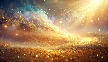 Abstract golden cosmic scene with glowing particles and ethereal light display