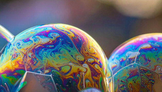 Close up of vibrant soap bubbles showcasing colorful iridescence in sunlight