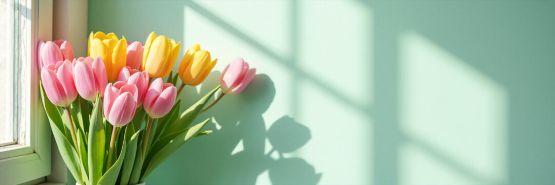 Pink and yellow tulips by a window with shadows on a mint green wall. Wide spring floral banner with copy space. Bright interior lifestyle background with morning sunlight