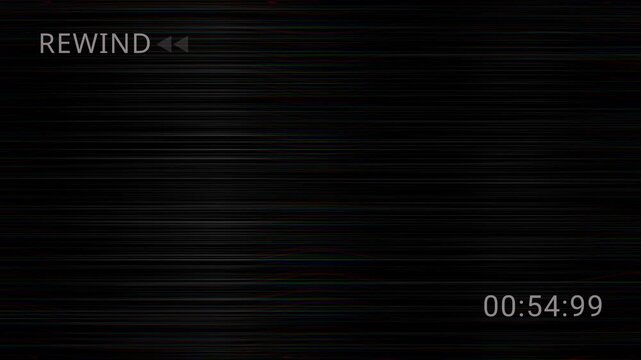 Iconic VCR rewind arrows with Vintage VHS defects noise. 4K magnetic signal distortion and analog tape hiss. Cinematic 80s retro glitch background.