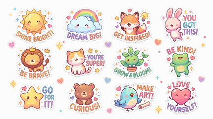 Fototapeta premium Cute Kawaii Animal & Motivational Affirmation Stickers Collection