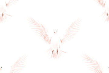 Obraz premium A seamless pattern illustration featuring of white doves with a set of white feathers and a set of white wings as a symbol of peace and love for wedding design