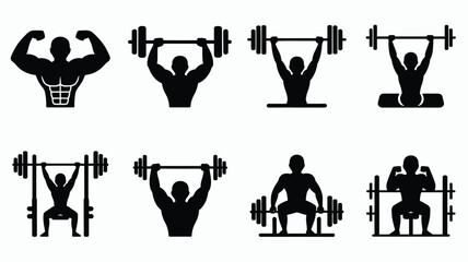 Bodybuilding silhouette icon bundle with weightlifters exercising with dumbbells and barbells in various poses on gray background