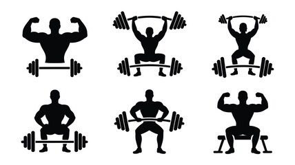Bodybuilding silhouette icon set with six black gym workout figures lifting dumbbells and barbells on white background
