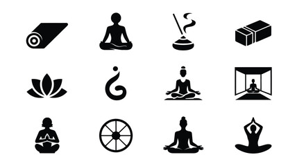 Yoga icons set including people meditating lotus flower and symbols on white background for mindfulness and wellness concepts