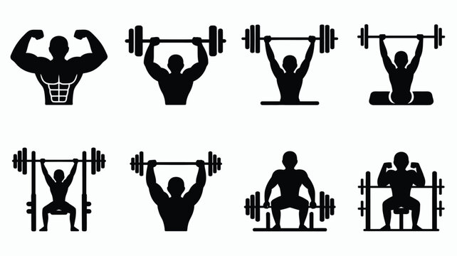 Bodybuilding silhouette icon bundle with weightlifters exercising with dumbbells and barbells in various poses on gray background