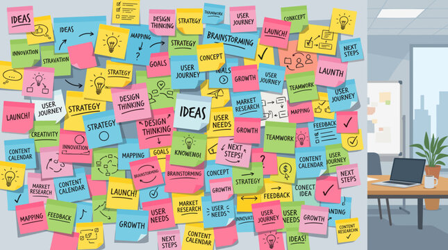 Creative Ideas Brainstorming: Strategy, Planning, and Collaboration Sticky Notes Wall