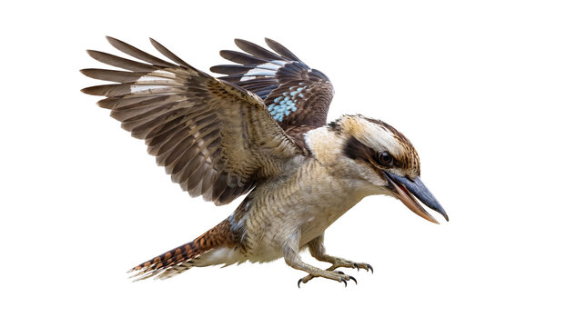 Dynamic photograph of an Australian kookaburra with wings widely spread, caught mid-action.