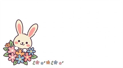Fototapeta premium Adorable cartoon bunny peeking cheerfully from a vibrant bouquet of pastel flowers, evoking a joyful and playful spring design element with a delightful charm