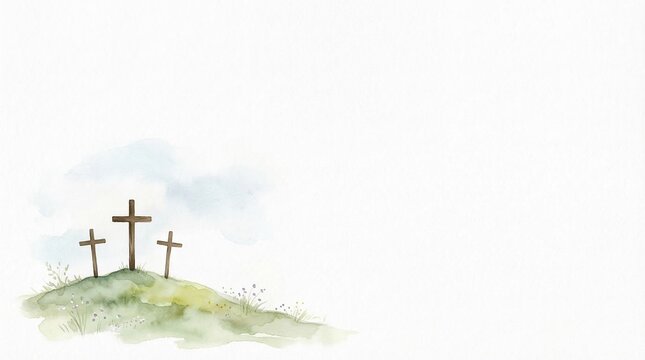 Three crosses on a grassy hill under a light blue sky with wispy clouds in a watercolor illustration style, representing faith and spirituality