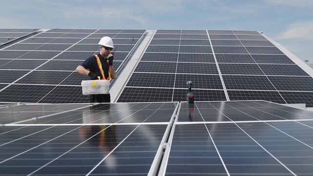 Technician installing solar panels on factory roof for green energy. A skilled technician in safety gear is working on a solar panel installation on rooftop. clean energy renewable power technology.