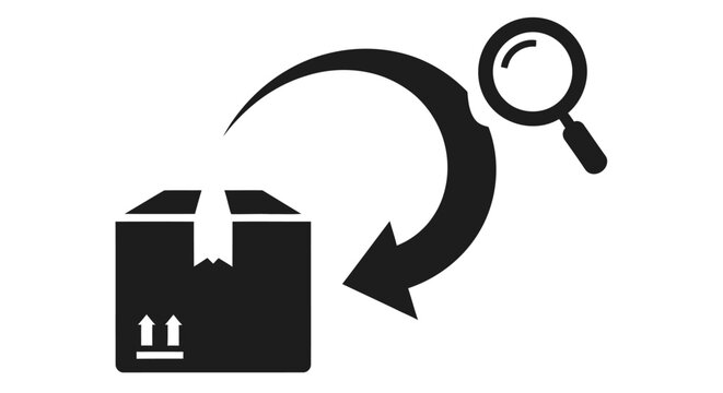 Package inspection a black icon featuring a box arrow and magnifying glass
