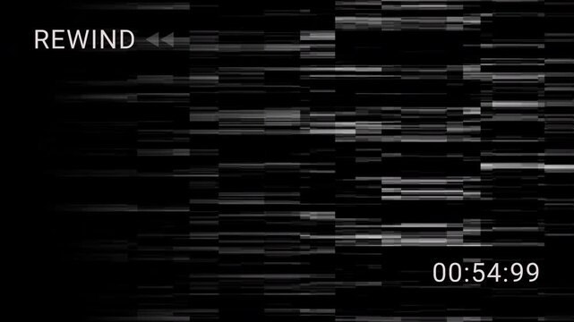 Authentic VCR rewind arrows with Vintage VHS defects noise. 4K analog signal glitches and magnetic distortion. Professional retro tape overlay