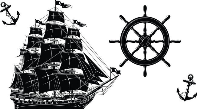Vintage sailing ship, nautical ship wheel and anchor silhouettes set, classic maritime navigation symbols, old sea voyage transport elements isolated vector illustration