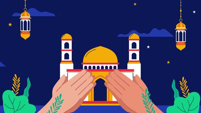Muslim Prayer Hands in Front of Golden Dome Mosque and Hanging Lanterns Vector