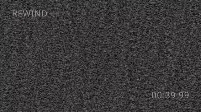 Retro 4K Vintage VHS defects noise. Cinematic VCR rewind sign with magnetic signal glitches. Professional analog tape distortion and static texture