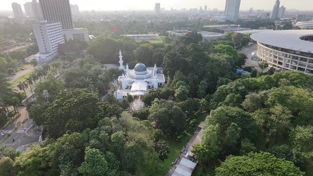 Aerial bird's-eye view moving forward towards Al-Bina Mosque in GBK Jakarta