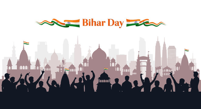 Illustration of people celebrating Bihar Day with a city skyline and Indian flags in the background, conveying a sense of cultural pride and tradition.