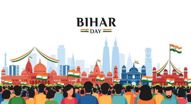 Illustration of a vibrant Bihar Day celebration with a crowd of people in front of a city skyline and Indian flags, showcasing cultural tradition and heritage in a colorful and festive mood.