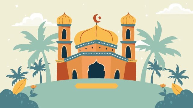 Islamic Mosque Illustration with Palm Trees and Crescent Moon Flat Design Background