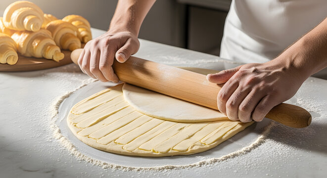 Close up of hands using a wooden rolling pin to flatten buttery pastry dough for making flaky golden croissants