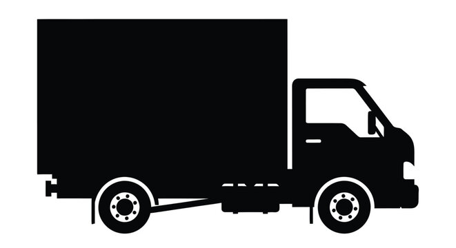 Simple black silhouette of a box truck viewed from the side in a minimalist style