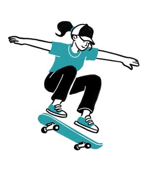 Ilustraci&oacute;n de joven mujer skater haciendo un salto en su tabla skate board