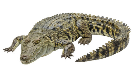 Naklejka premium Powerful photograph of an adult Nile crocodile, showcasing its rough, textured skin and intense gaze, isolated.