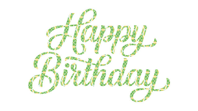Happy Birthday Cursive Lettering With Green Leaf Pattern Decorative Festive Nature-Inspired Greeting Card Vector Illustration