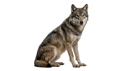 Calm gray wolf (Canis lupus) sitting serenely, isolated on a transparent background for versatile design projects. © Nadine