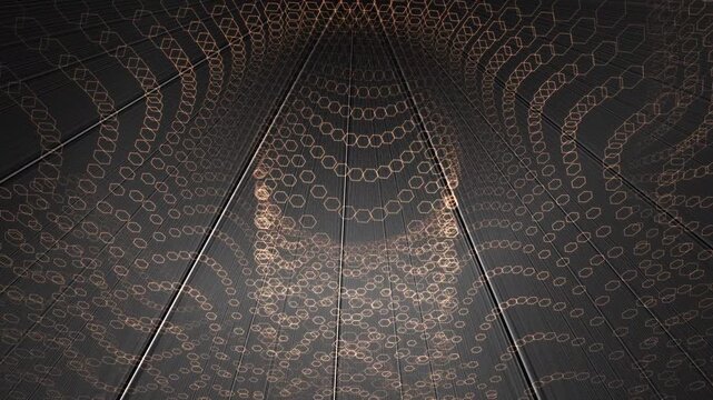 Vast hexagonal server monoliths undergo a synchronized deep system scan with pulsing orange light rings. Represents enterprise computing power. Works for enterprise IT and data center brand films.