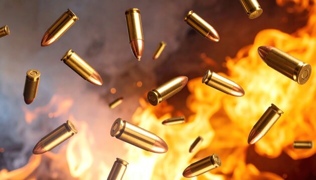 Flying golden bullets and cartridges in motion with dramatic fire and smoke, depicting conflict, war, and danger.