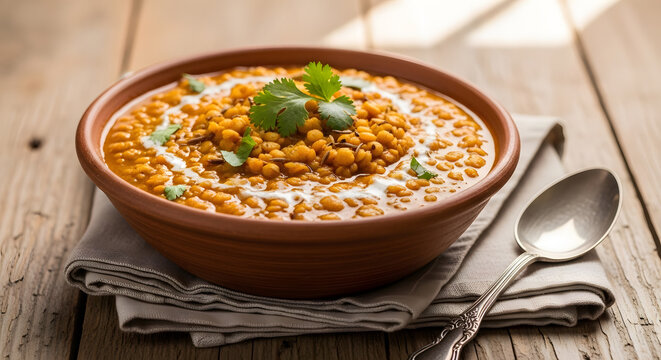A warm ceramic bowl filled with cooked yellow lentil stew garnished with fresh cilantro and a swirl of cream on a rustic wooden table
