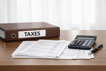 Tax Season Essentials: An overhead shot showcases the tools of the trade - the meticulously organized folder labeled 'TAXES', a calculator.
