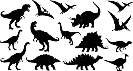 Dinosaur Silhouettes Icon Set Featuring T-Rex Triceratops Stegosaurus Pterodactyls and Various Prehistoric Reptiles for Paleontology Education Historical Research  © Suronjit