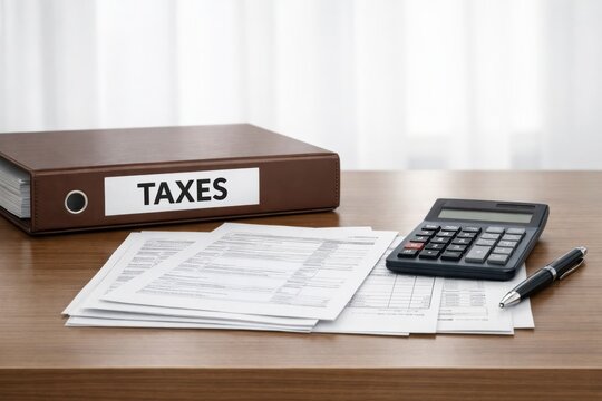 Tax Season Essentials: An overhead shot showcases the tools of the trade - the meticulously organized folder labeled 'TAXES', a calculator.