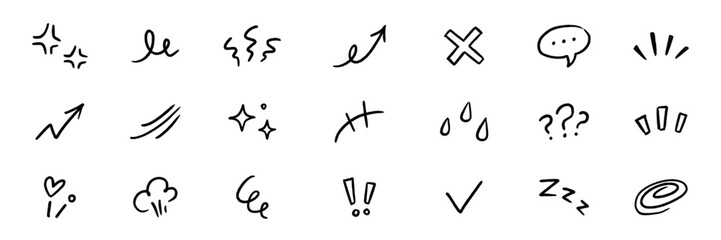 Fototapeta na wymiar Line element movement hand drawn set. Hand drawn sketch line element icon brush pencil stroke movement chalk. Cute comic cartoon emoji bubble heart star sparkle expression manga. Vector illustration