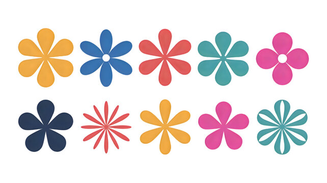 A collection of ten colorful and diverse stylized flower icons arranged on a clean white background
