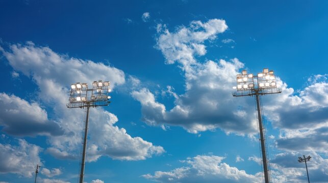 Bright Stadium Floodlights Against a Clear Blue Sky with Fluffy White Clouds in a Daylight Scene