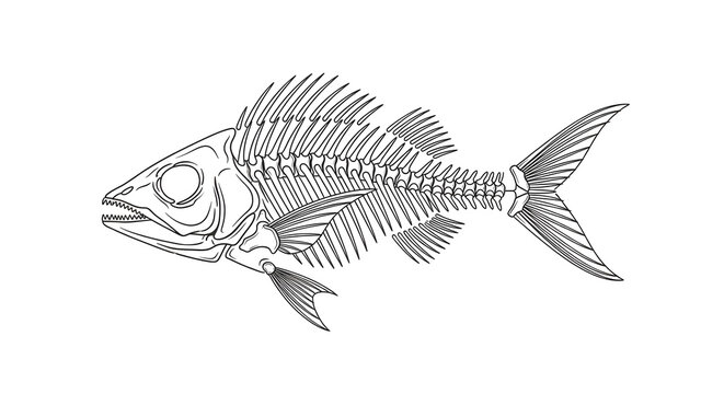 A detailed black and white anatomical drawing of a complete fish skeleton showing the spine and fins